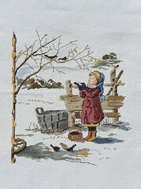 Finished Cross Stitch Winter Scene Girl Feeding Birds Completed 18" x 15"